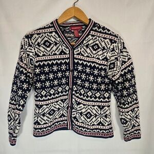 Vtg Nordic Print Knit Cotton Cardigan Sweater Fair Isle Medium Winter Ski Casual
